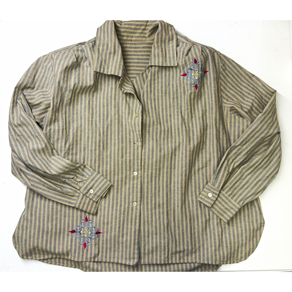 Women's XL Beige/Blue Striped Woven Button-Up Blouse Collared Long Sleeve
